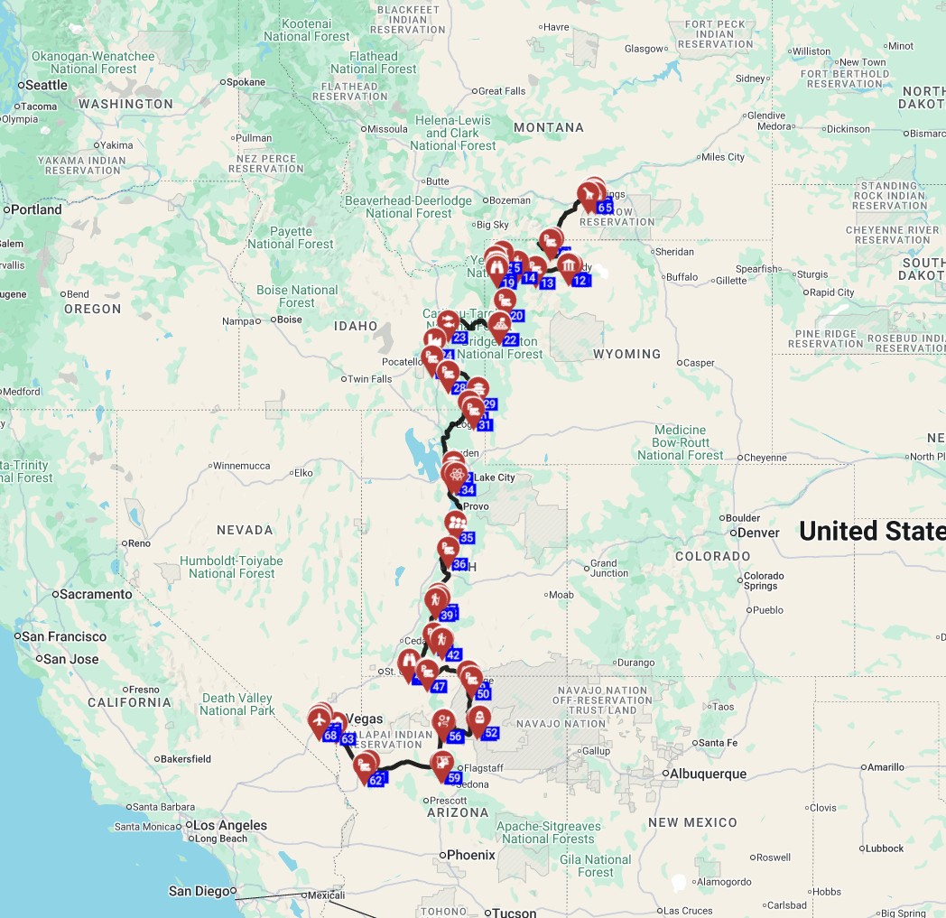 Map for Billings to Las Vegas - Include Yellowstone - The Great Western Discovery Route